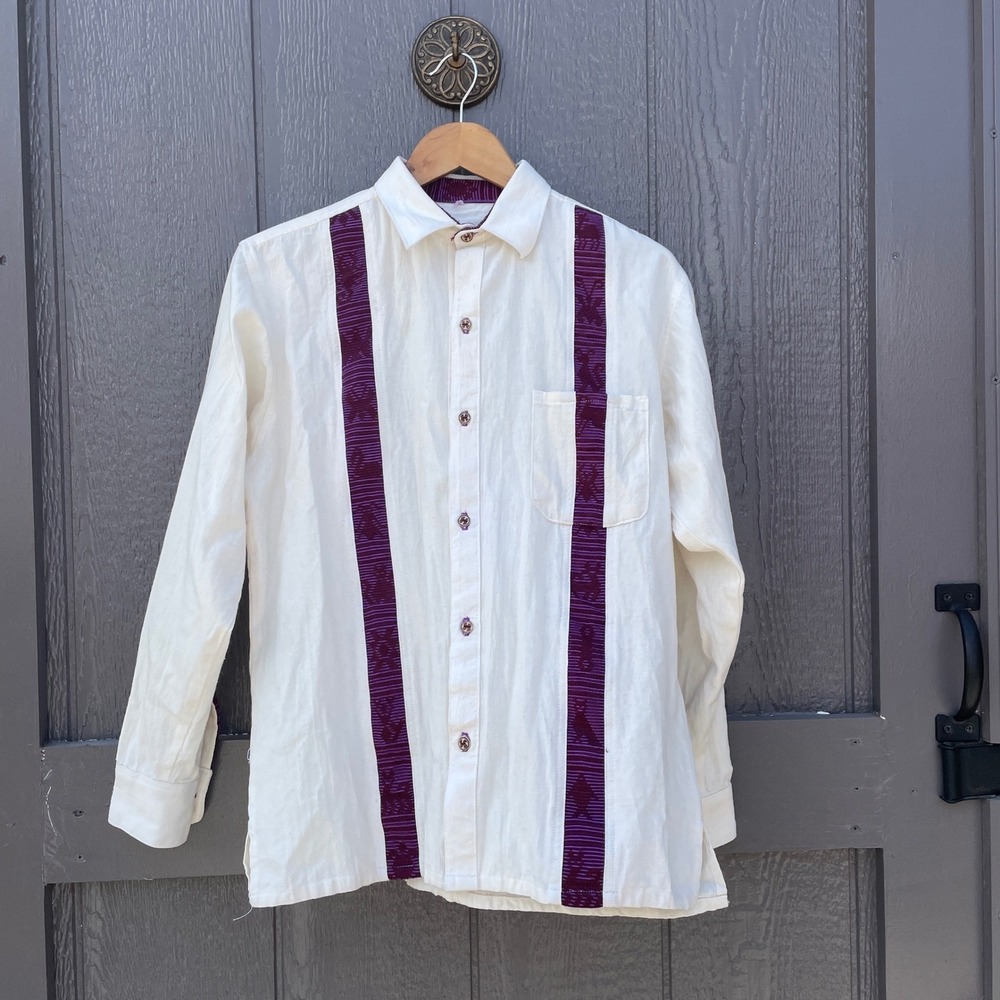 Traditional Oaxacan Button Down Shirt with Purple Woven Panels Mens Medium